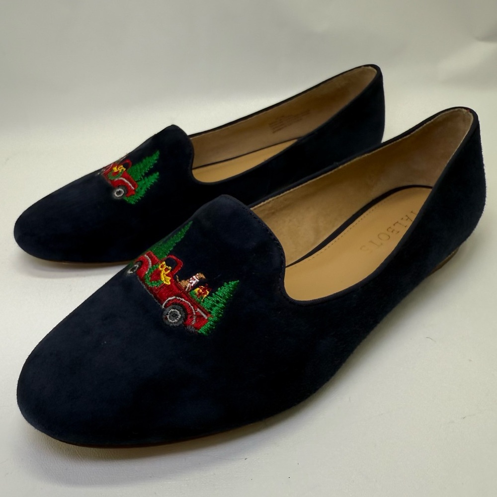 Talbots Ryan Novelty Indigo Blue Flats Red Christmas Truck Holiday Loafers 6.5”